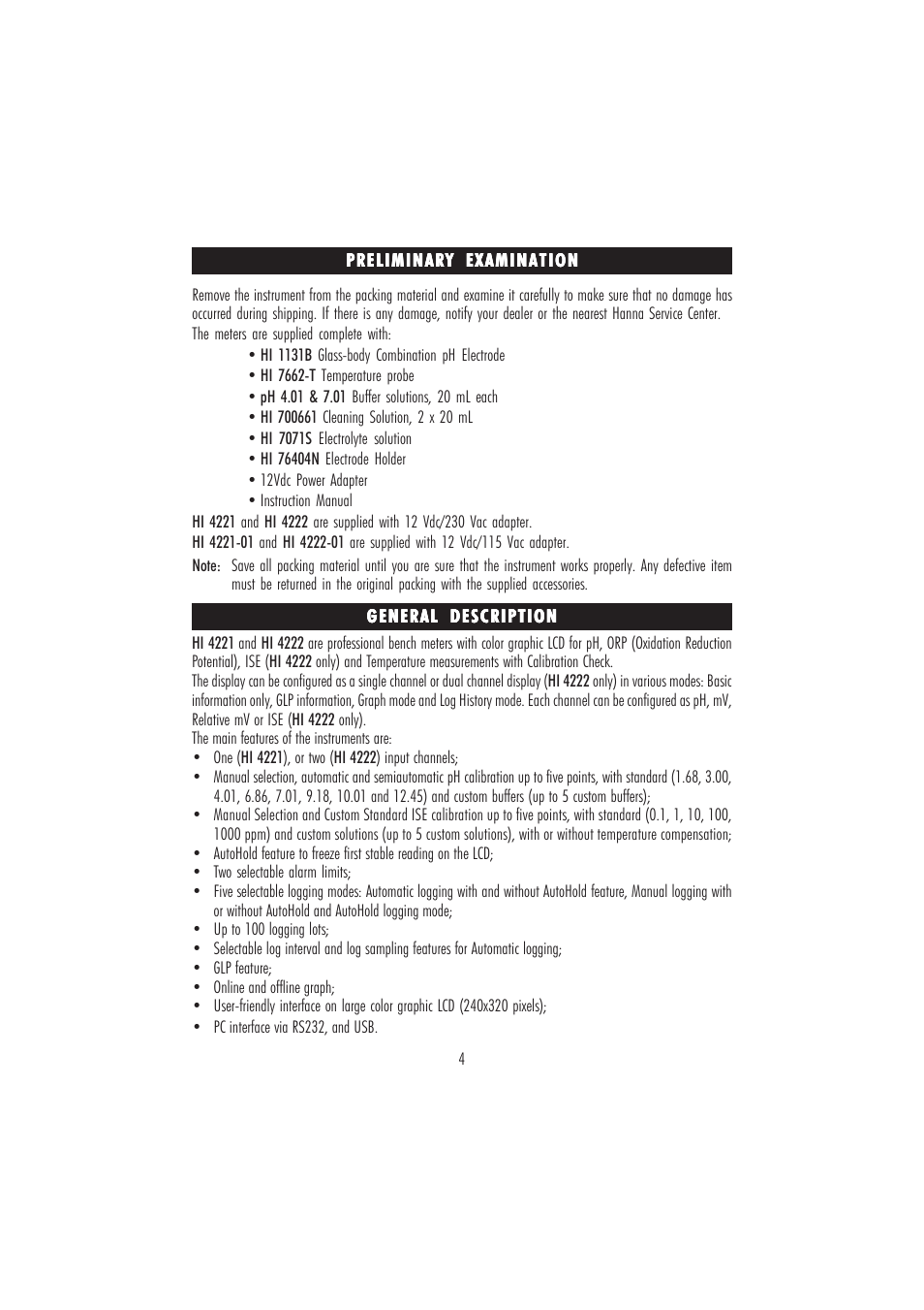 Hanna Instruments HI 4221 User Manual | Page 4 / 76