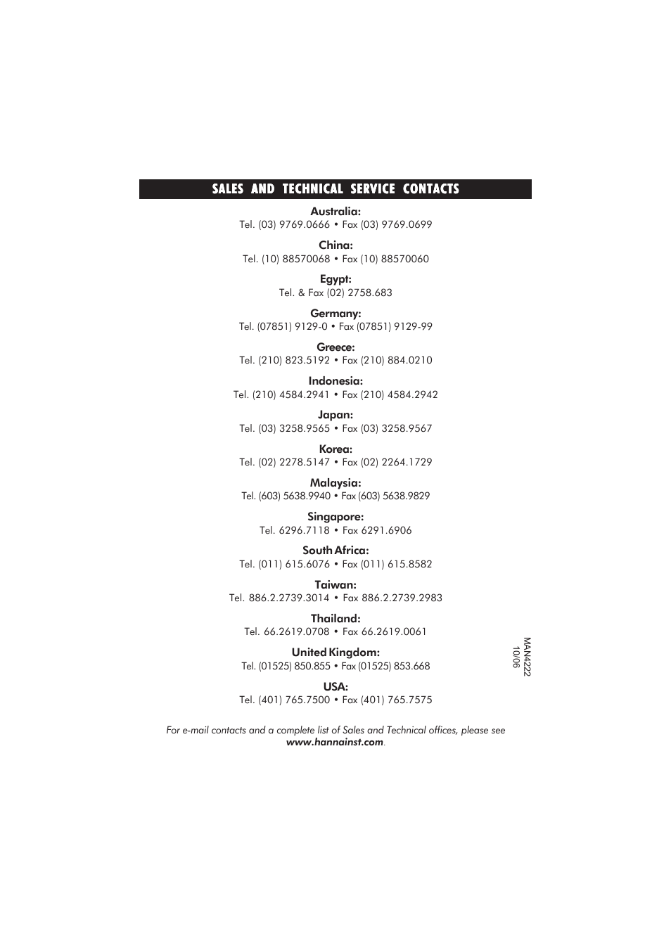 Sales and technical service contacts | Hanna Instruments HI 4221 User Manual | Page 76 / 76