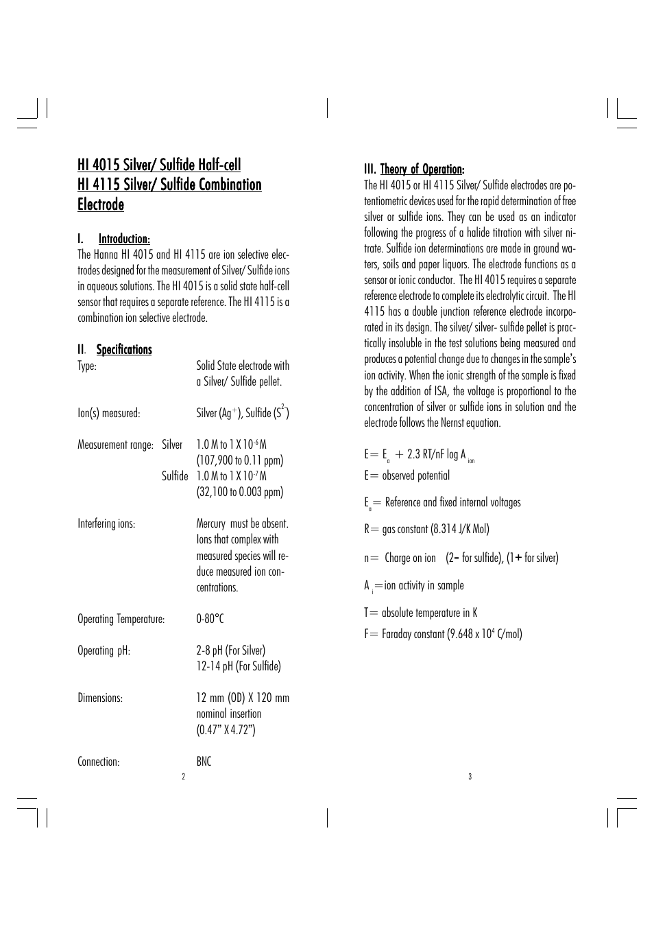 Hi 4015 silver/ sulfide half-cell | Hanna Instruments HI 4115 User Manual | Page 2 / 11