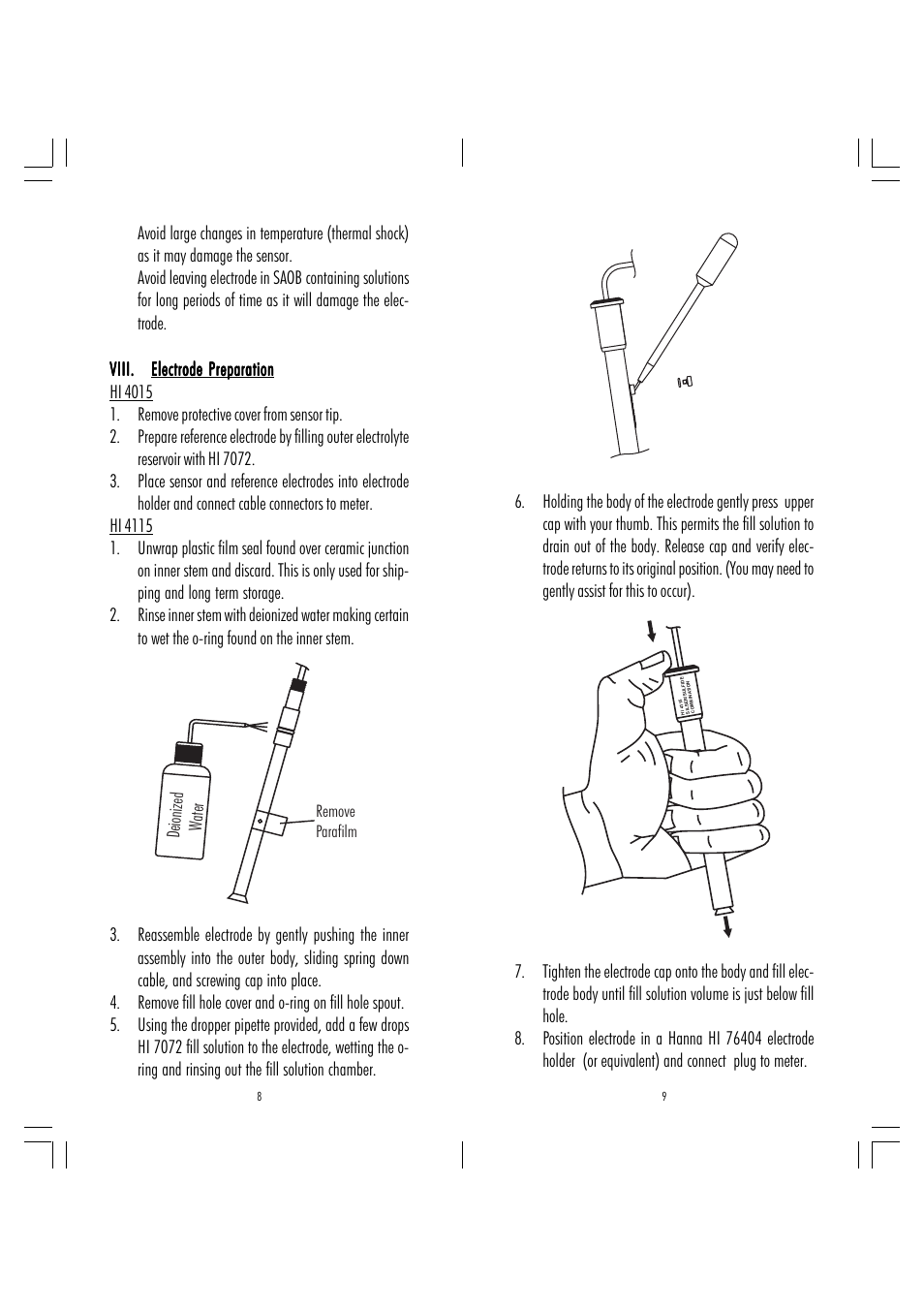 Viii, Deionized water, Remove parafilm | Hanna Instruments HI 4115 User Manual | Page 5 / 11