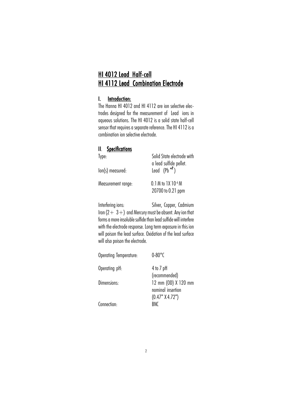 Hi 4012 lead half-cell | Hanna Instruments HI 4012 User Manual | Page 2 / 16