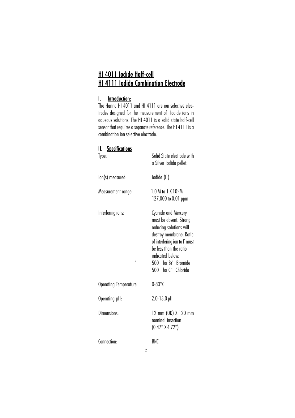 Hi 4011 iodide half-cell | Hanna Instruments HI 4011 User Manual | Page 2 / 16