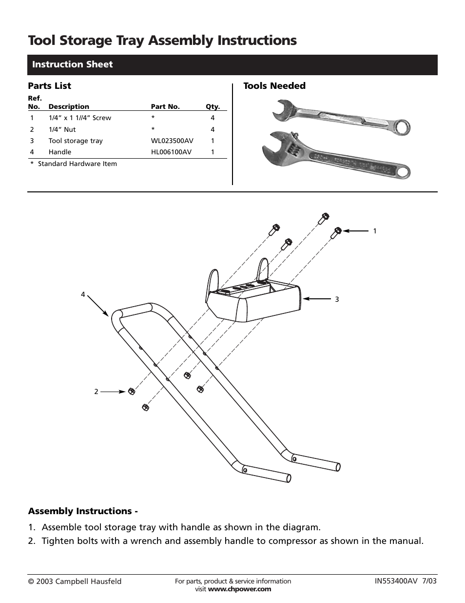 Campbell Hausfeld Tool Storage User Manual | 1 page