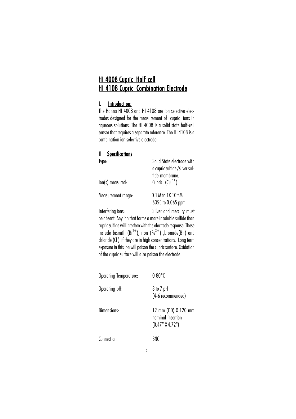 Hi 4008 cupric half-cell | Hanna Instruments HI 4008 User Manual | Page 2 / 16
