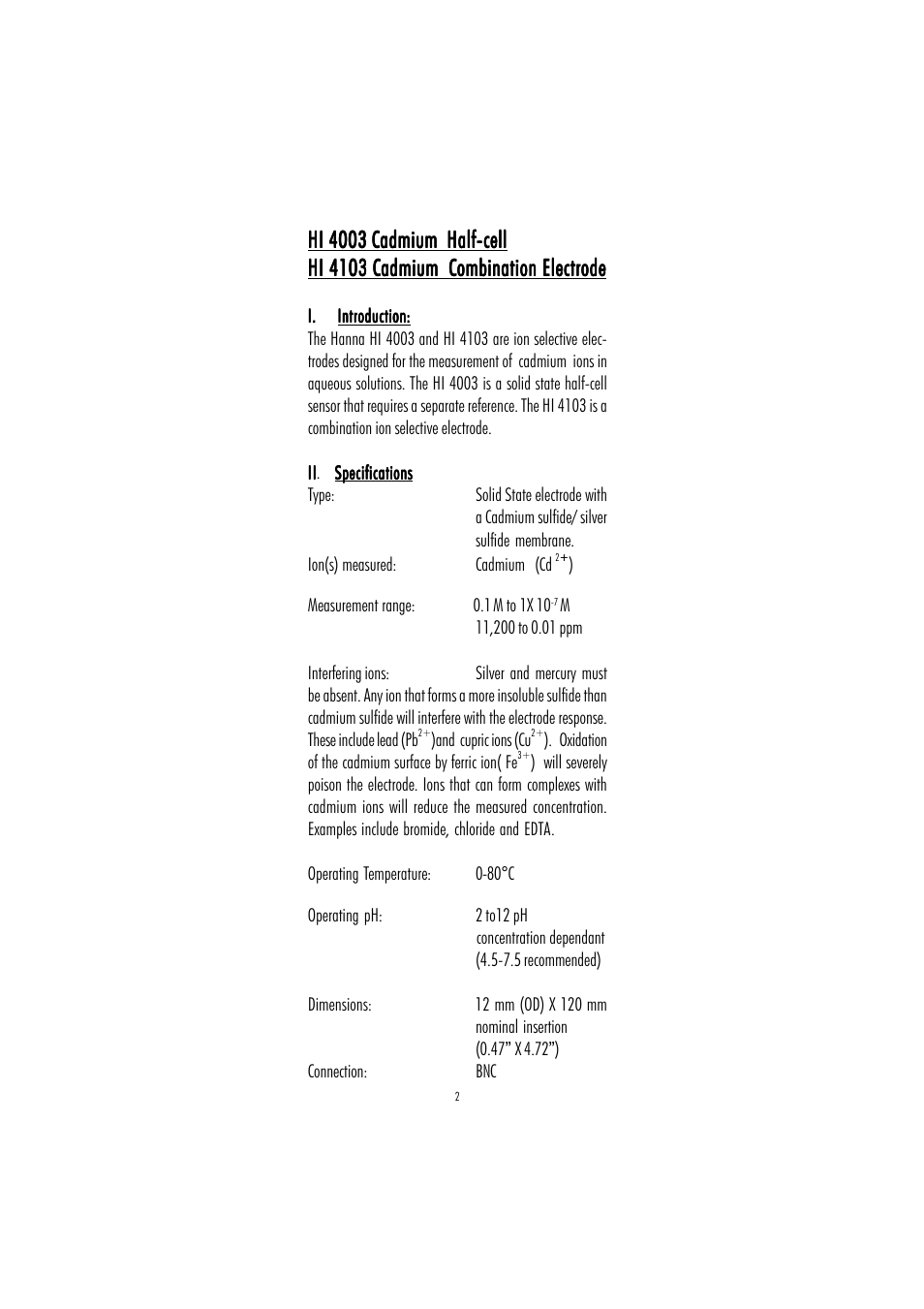 Hi 4003 cadmium half-cell | Hanna Instruments HI 4003 User Manual | Page 2 / 16