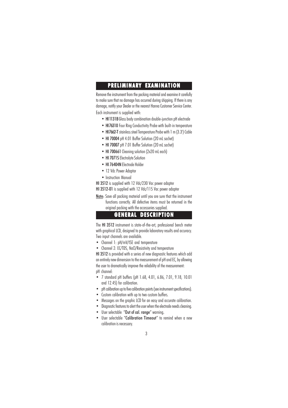 Hanna Instruments HI 3512 User Manual | Page 3 / 84