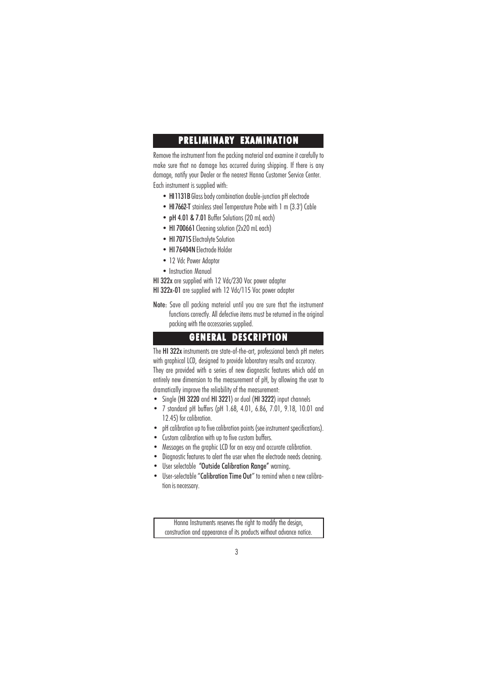 Hanna Instruments HI 3220 User Manual | Page 3 / 68