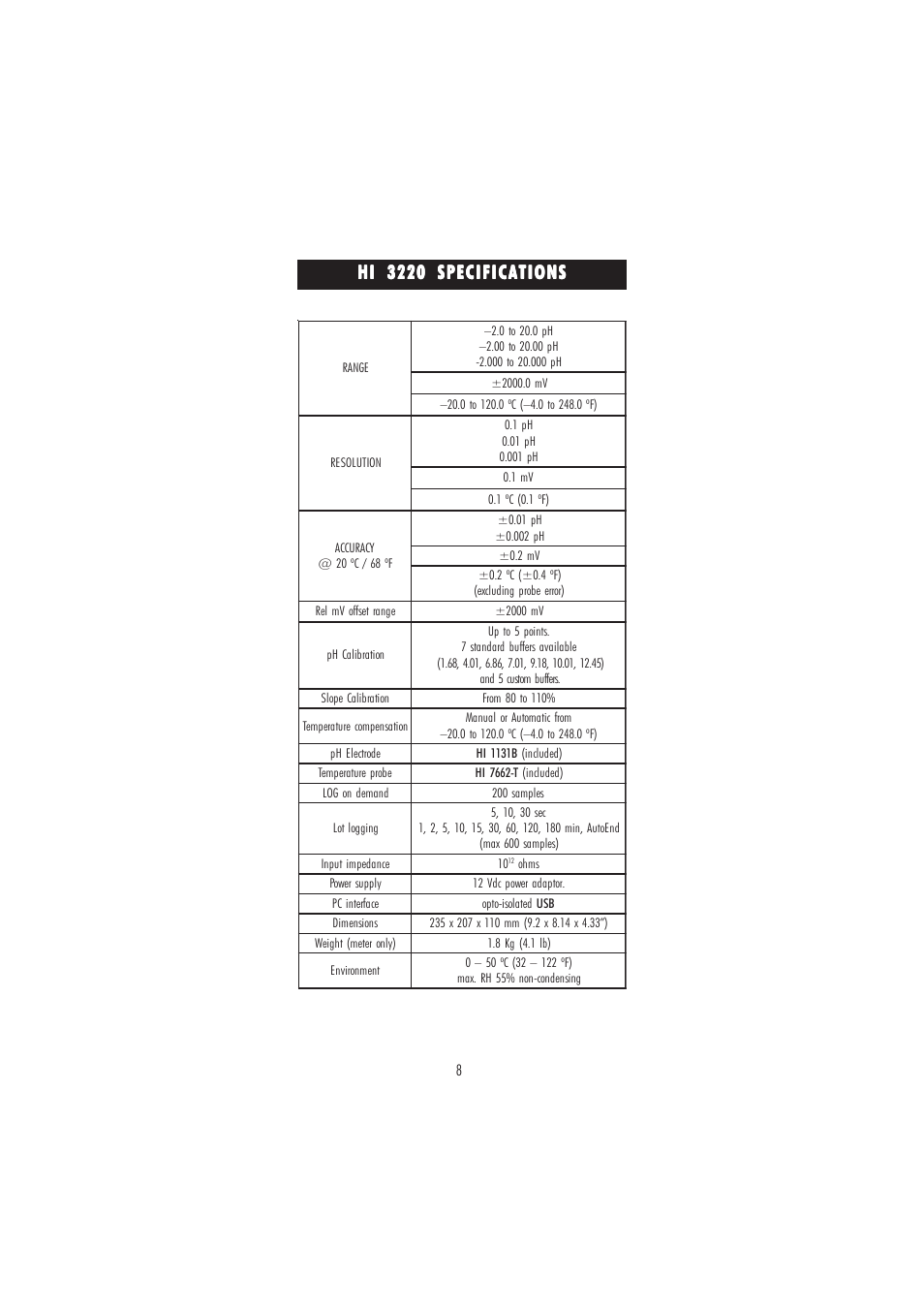 Hi 3220 specifications | Hanna Instruments HI 3220 User Manual | Page 8 / 68