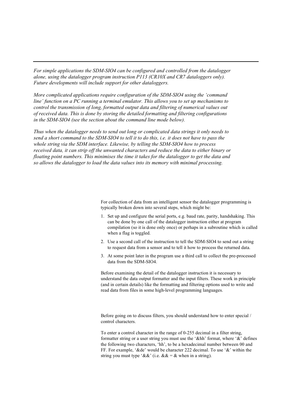 Section 3. understanding how the sdm-sio4 handles, Data -1, 1 introduction | 1 method of entering special / control characters | Campbell Hausfeld Serial I/O Interface SDM-SIO4 User Manual | Page 17 / 72