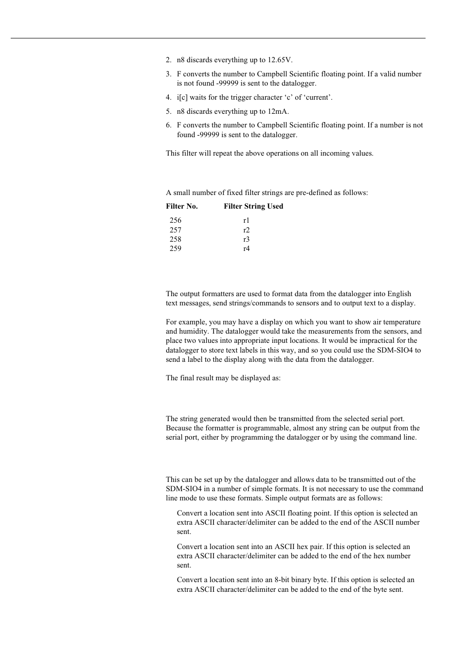 3 output formatting, 1 simple output formatter, Predefined filter strings | Campbell Hausfeld Serial I/O Interface SDM-SIO4 User Manual | Page 21 / 72