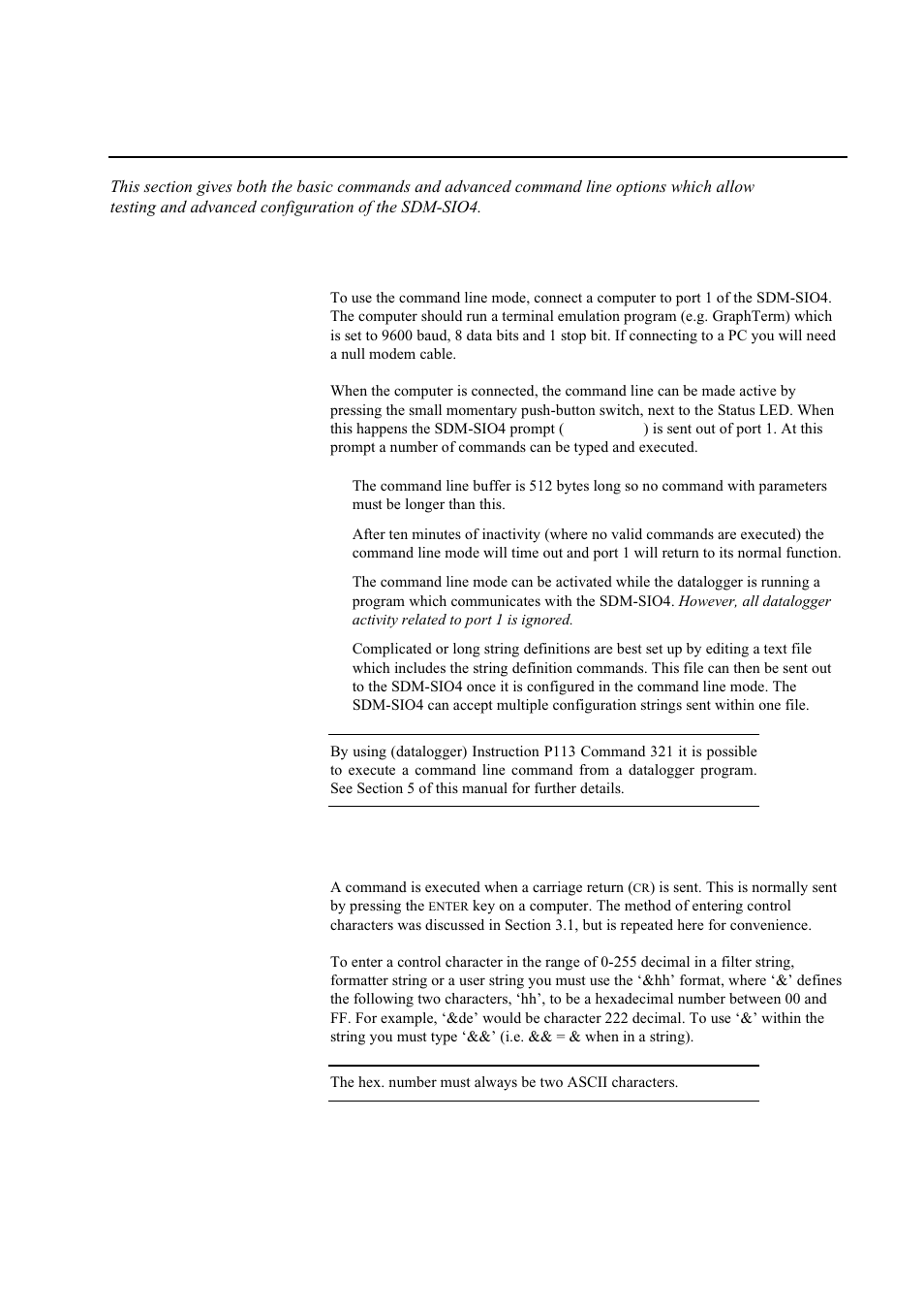 Section 4. programming the sdm-sio4, Section 4. programming the sdm-sio4 -1, 1 command line operation and structure | 2 entering commands | Campbell Hausfeld Serial I/O Interface SDM-SIO4 User Manual | Page 25 / 72