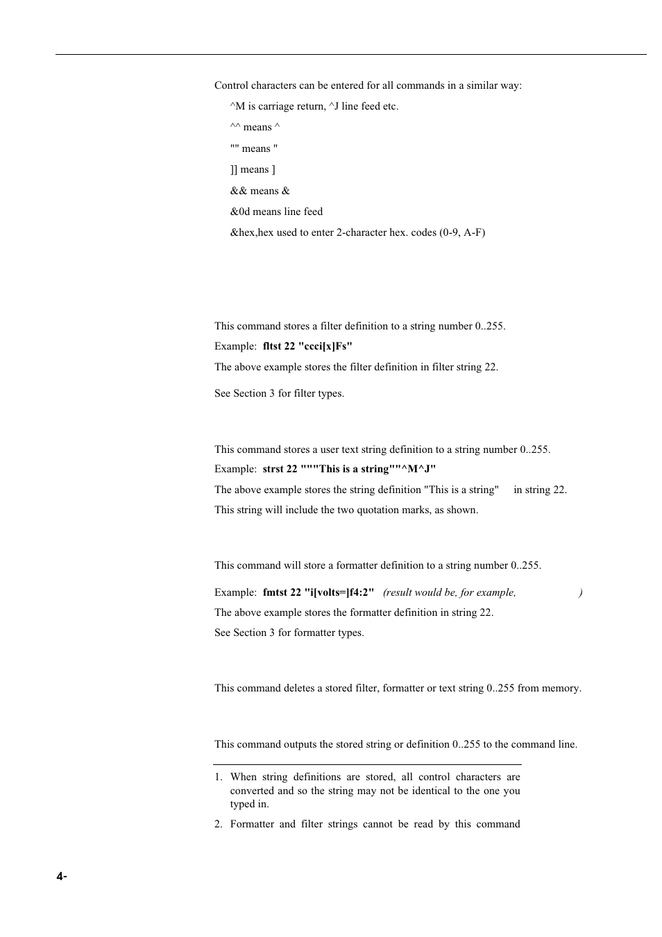 3 basic commands, Fltst [string number] ["filter definition, Strst [string number] ["string definition | Fmtst [string number] ["format definition, Strdelete [string number, Strrd [string number | Campbell Hausfeld Serial I/O Interface SDM-SIO4 User Manual | Page 26 / 72