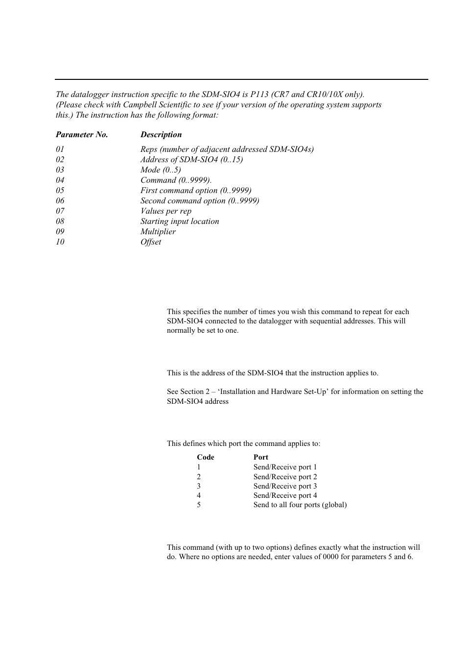 Section 5. programming the datalogger, Section 5. programming the sdm-sio4 -1, 1 instruction 113 parameters | 1 parameter 1 — reps, 2 parameter 2 — address, 3 parameter 3 — mode | Campbell Hausfeld Serial I/O Interface SDM-SIO4 User Manual | Page 31 / 72
