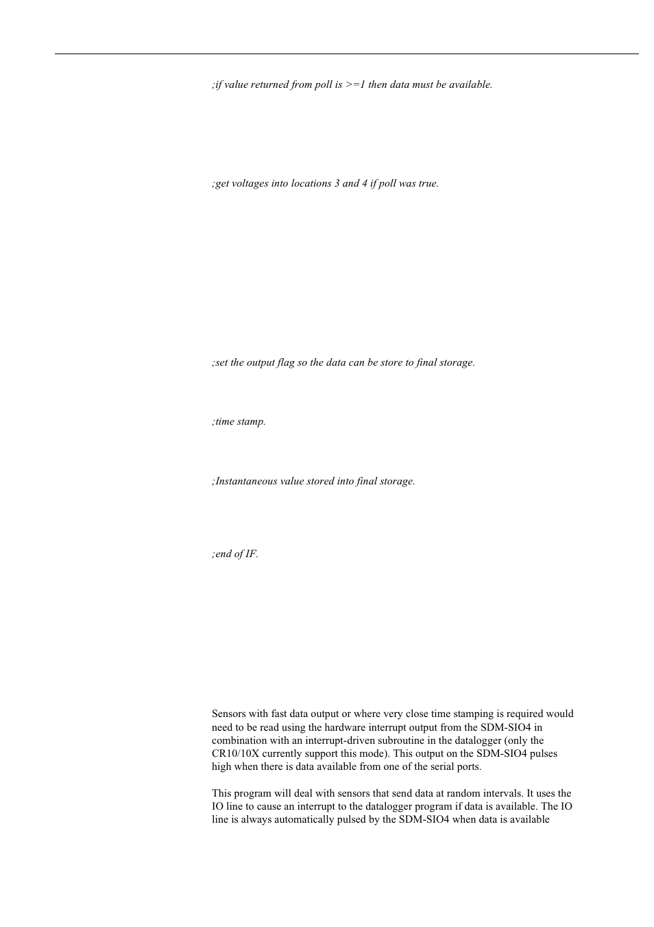 Example cr10x program using interrupts | Campbell Hausfeld Serial I/O Interface SDM-SIO4 User Manual | Page 52 / 72