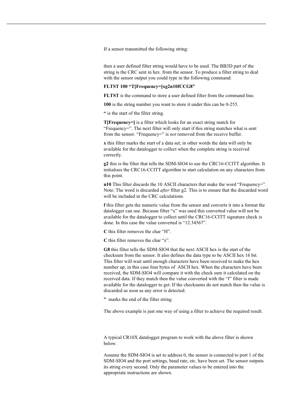 1 example of using received data filters, 2 cr10x program example | Campbell Hausfeld Serial I/O Interface SDM-SIO4 User Manual | Page 59 / 72