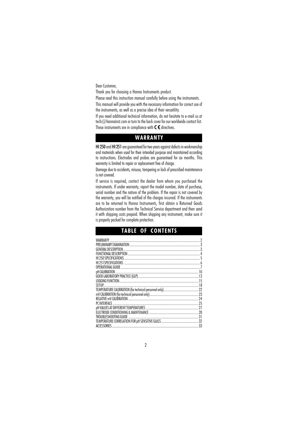 Hanna Instruments HI 250 User Manual | Page 2 / 40