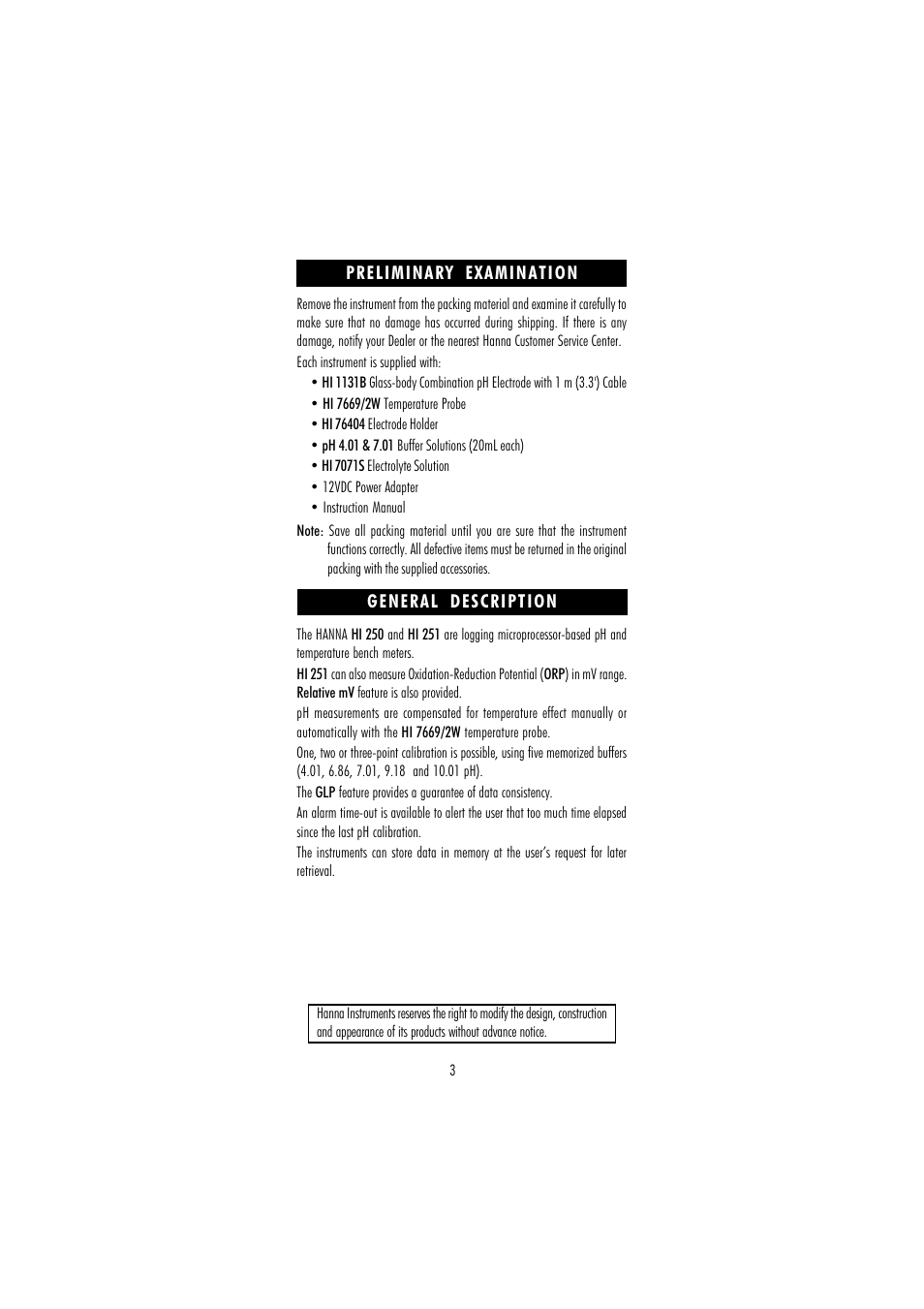 Hanna Instruments HI 250 User Manual | Page 3 / 40