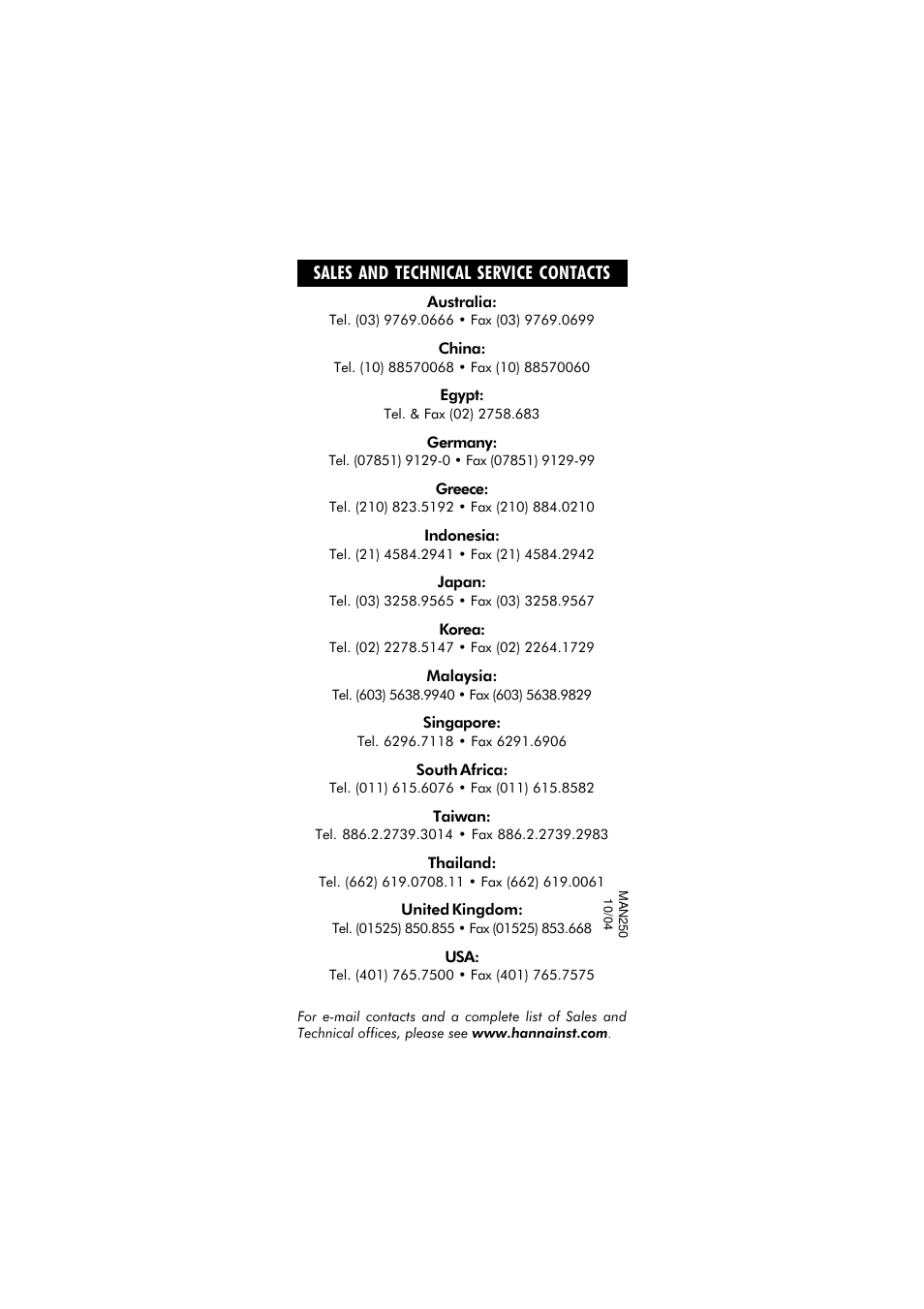Sales and technical service contacts | Hanna Instruments HI 250 User Manual | Page 40 / 40