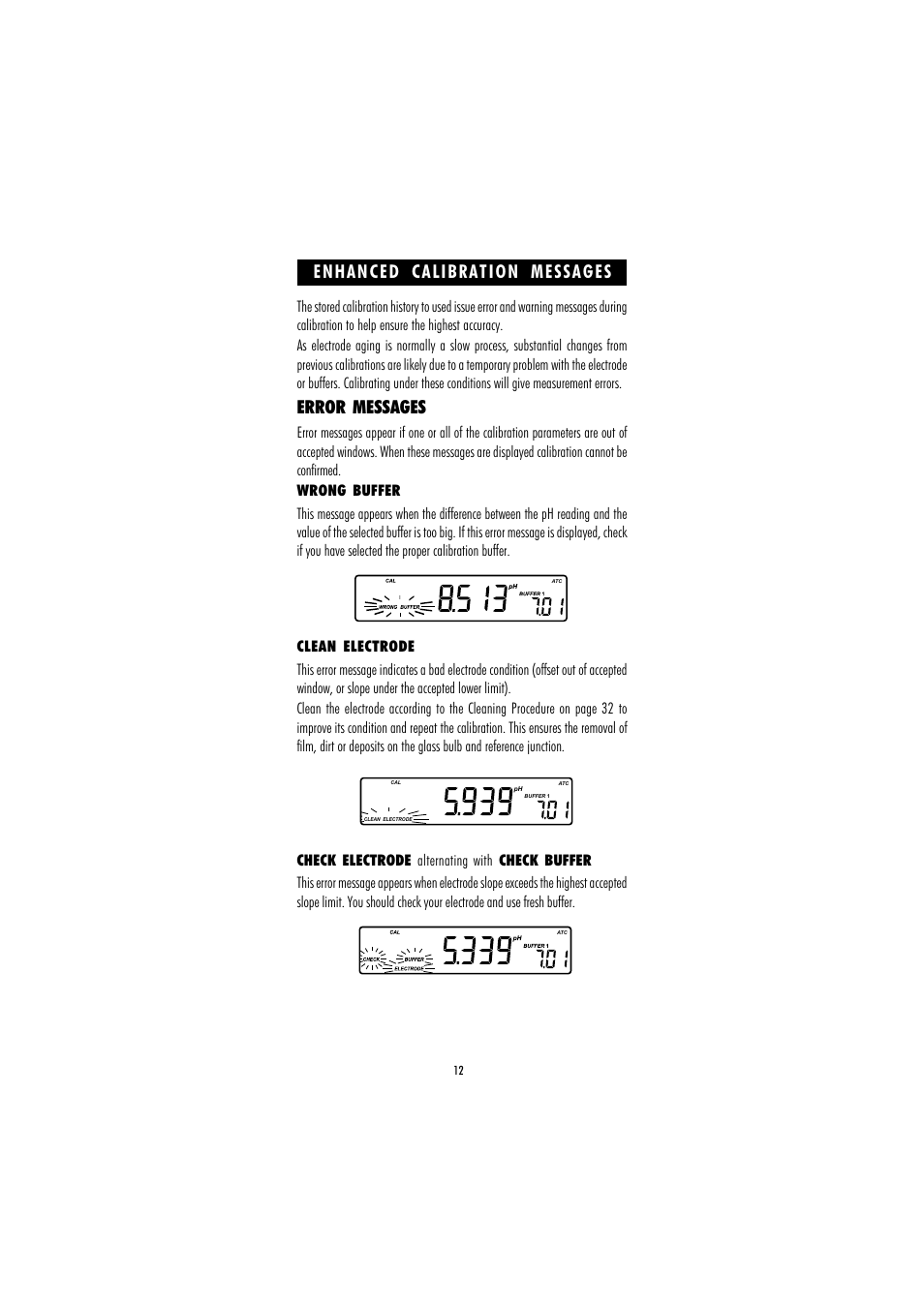 Error messages, Enhanced calibration messages | Hanna Instruments HI 221 User Manual | Page 12 / 40