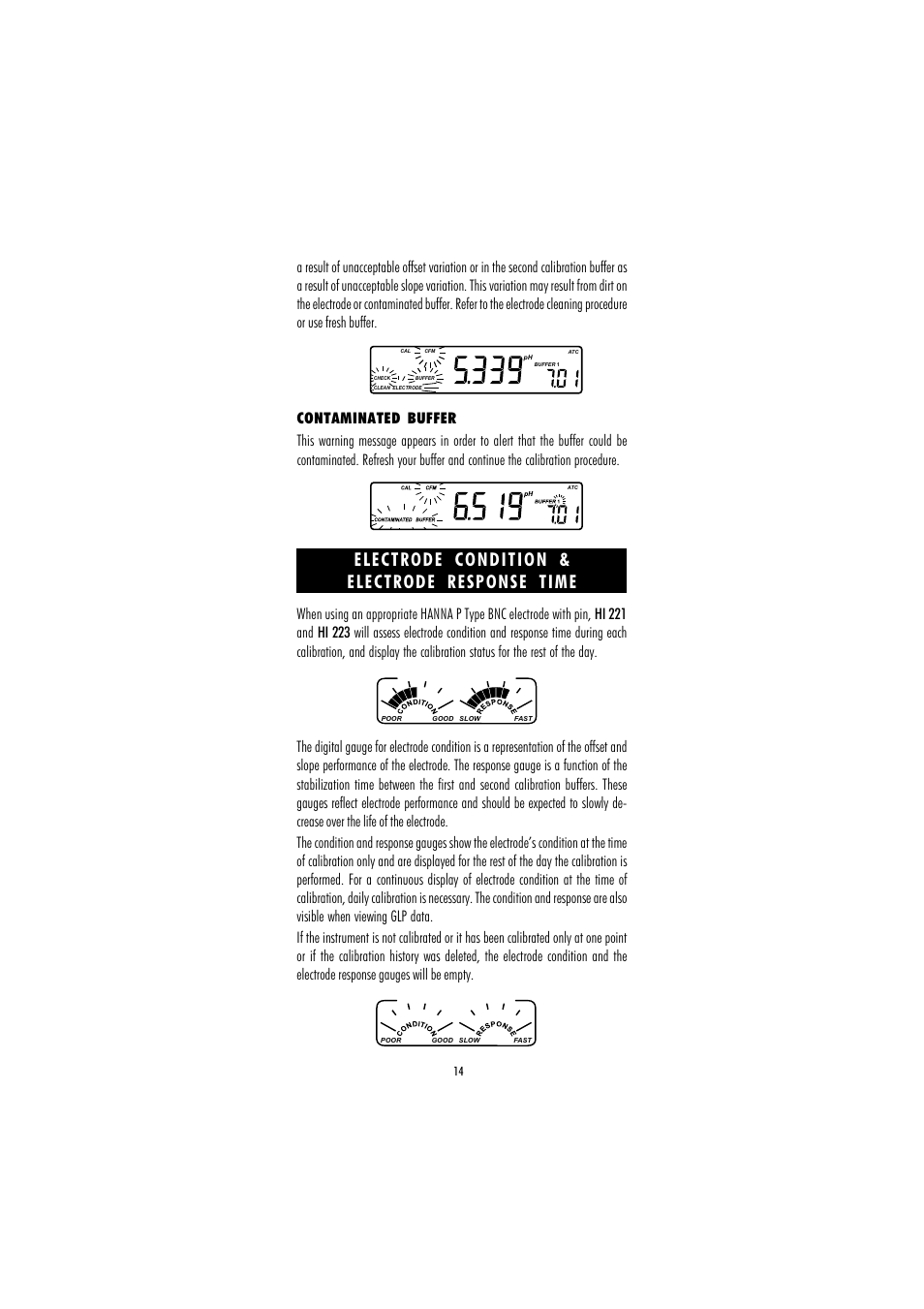 Electrode condition & electrode response time | Hanna Instruments HI 221 User Manual | Page 14 / 40