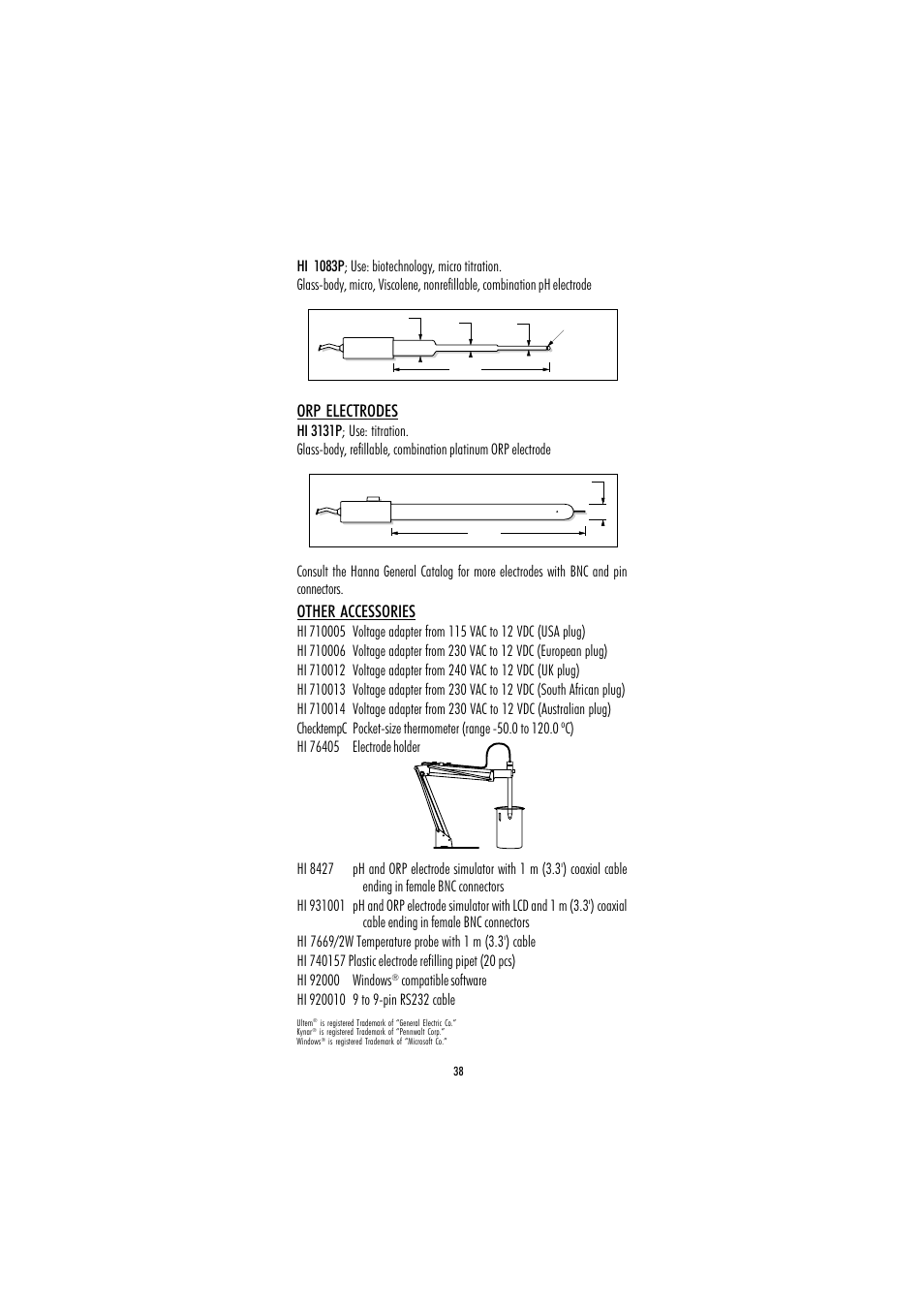 Orp electrodes, Other accessories | Hanna Instruments HI 221 User Manual | Page 38 / 40