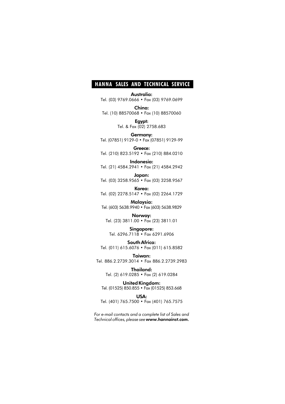Hanna sales, Technical, Service | Hanna Instruments HI 221 User Manual | Page 40 / 40