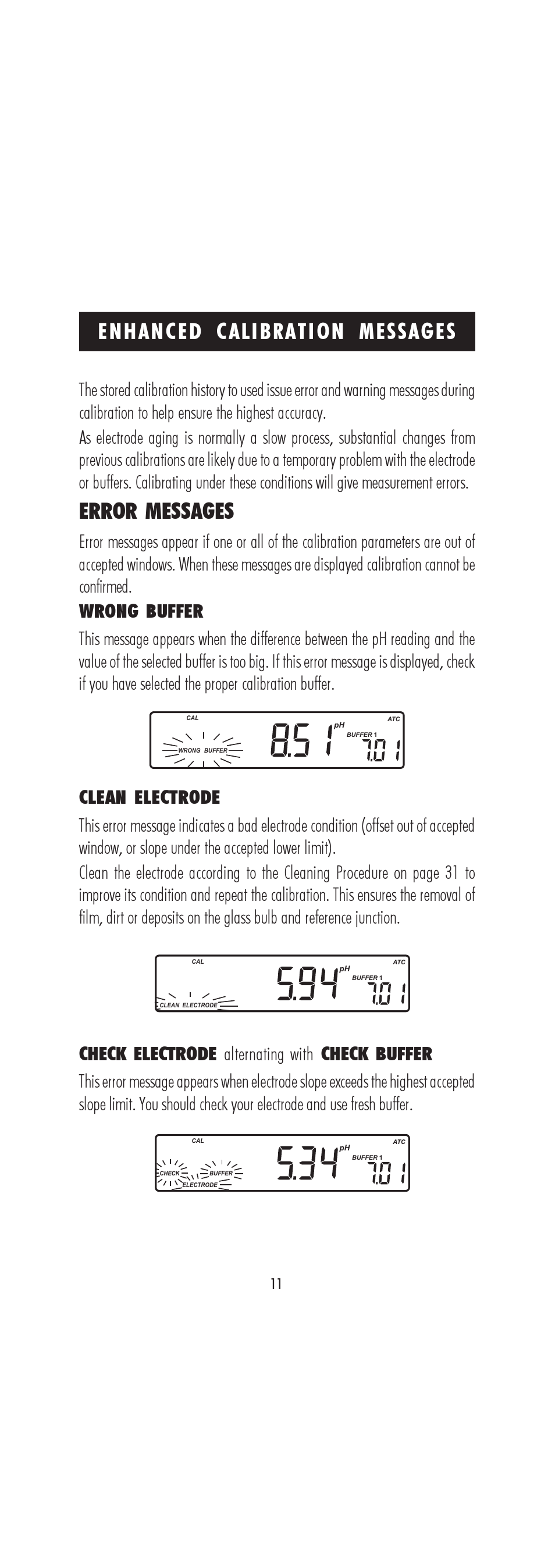 Error messages, Enhanced calibration messages | Hanna Instruments HI 222 User Manual | Page 11 / 40