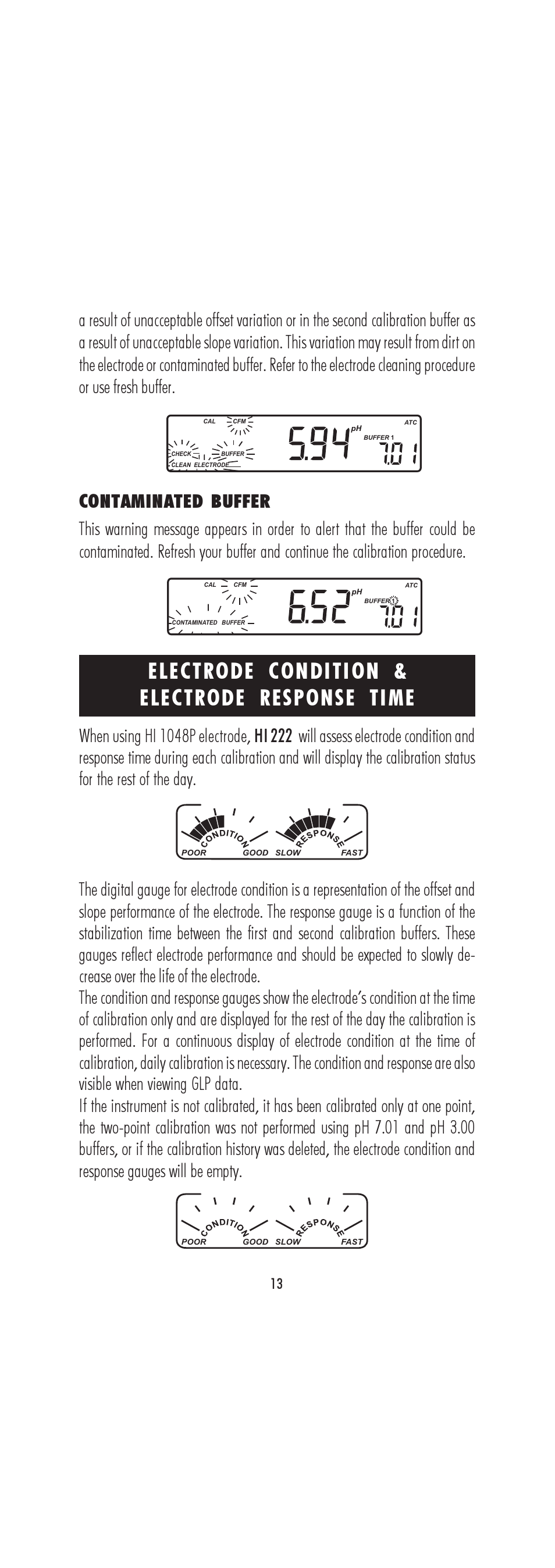Electrode condition & electrode response time | Hanna Instruments HI 222 User Manual | Page 13 / 40