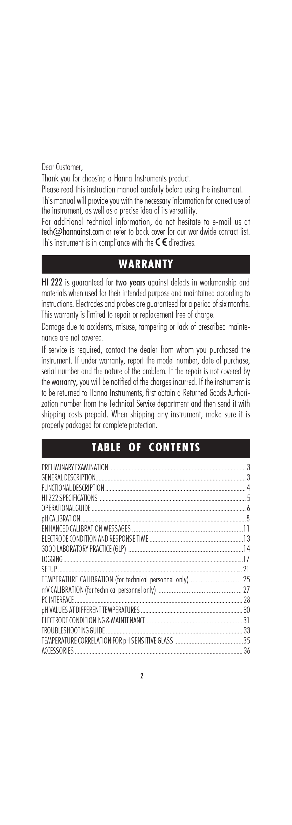 Hanna Instruments HI 222 User Manual | Page 2 / 40