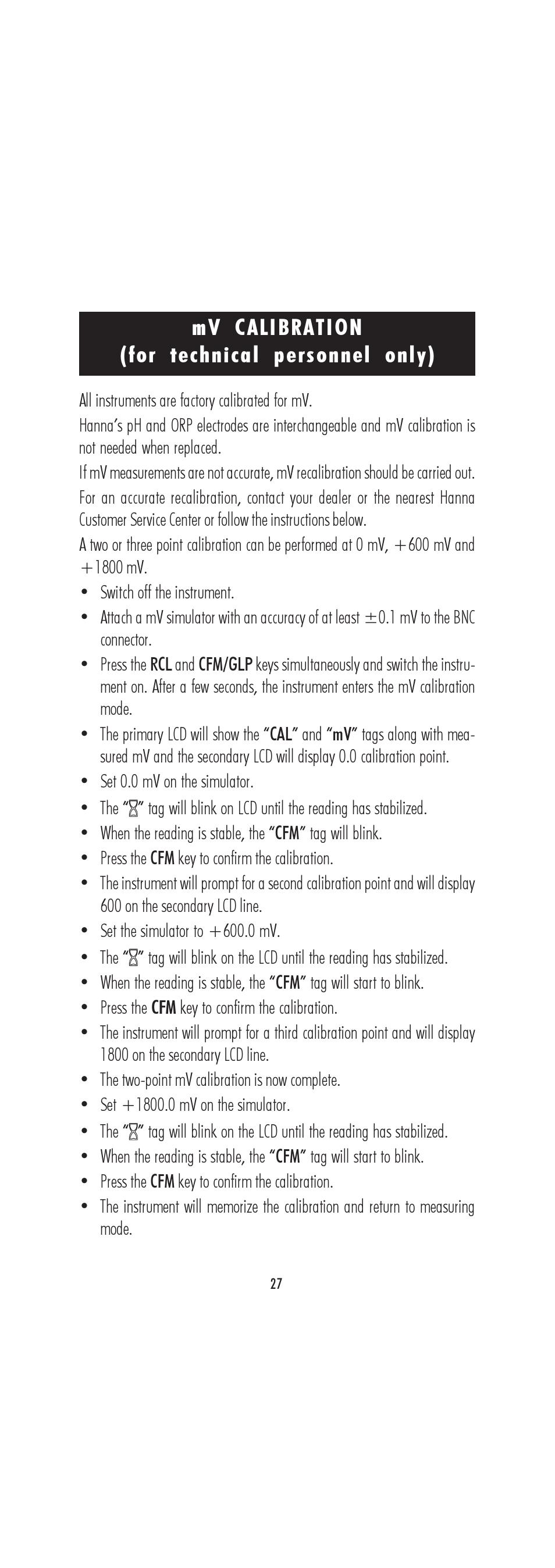 Mv calibration (for technical personnel only) | Hanna Instruments HI 222 User Manual | Page 27 / 40