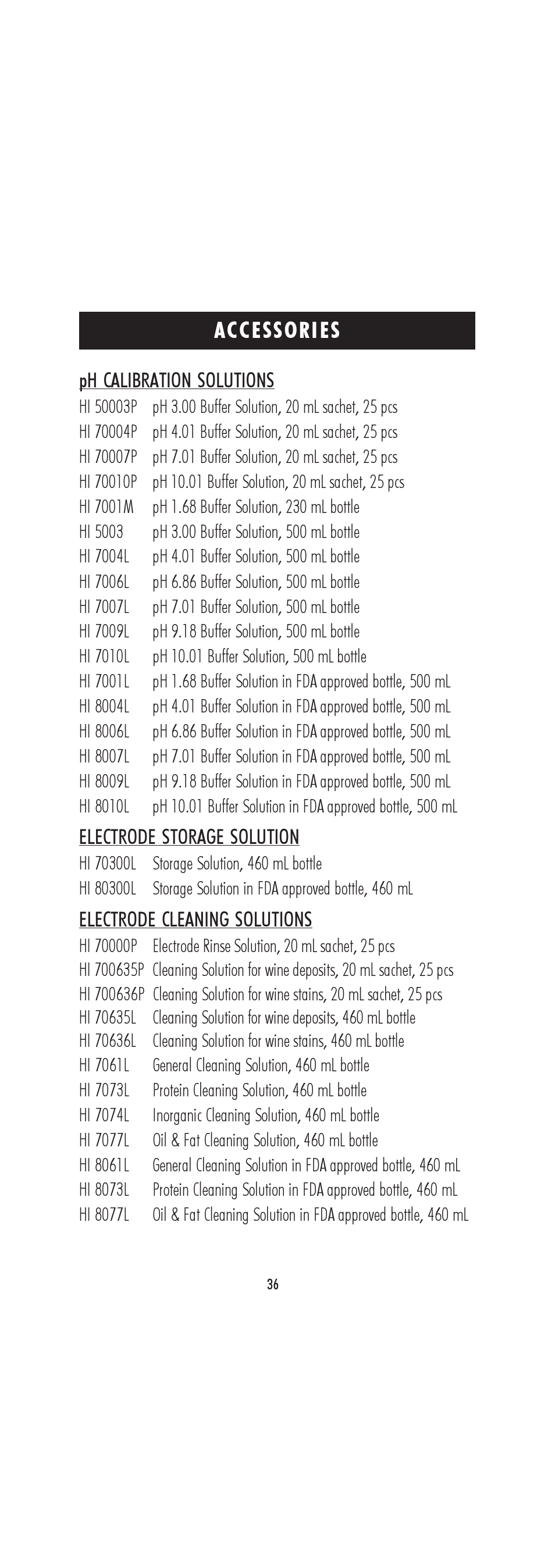 Accessories | Hanna Instruments HI 222 User Manual | Page 36 / 40
