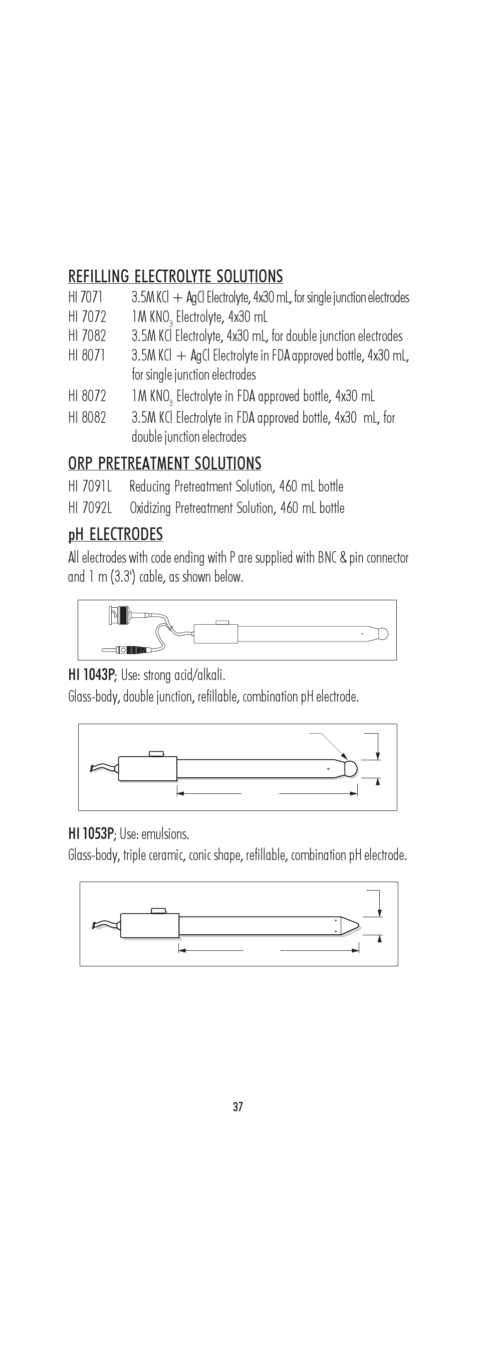 Refilling electrolyte solutions, Orp pretreatment solutions, Ph electrodes | Hanna Instruments HI 222 User Manual | Page 37 / 40