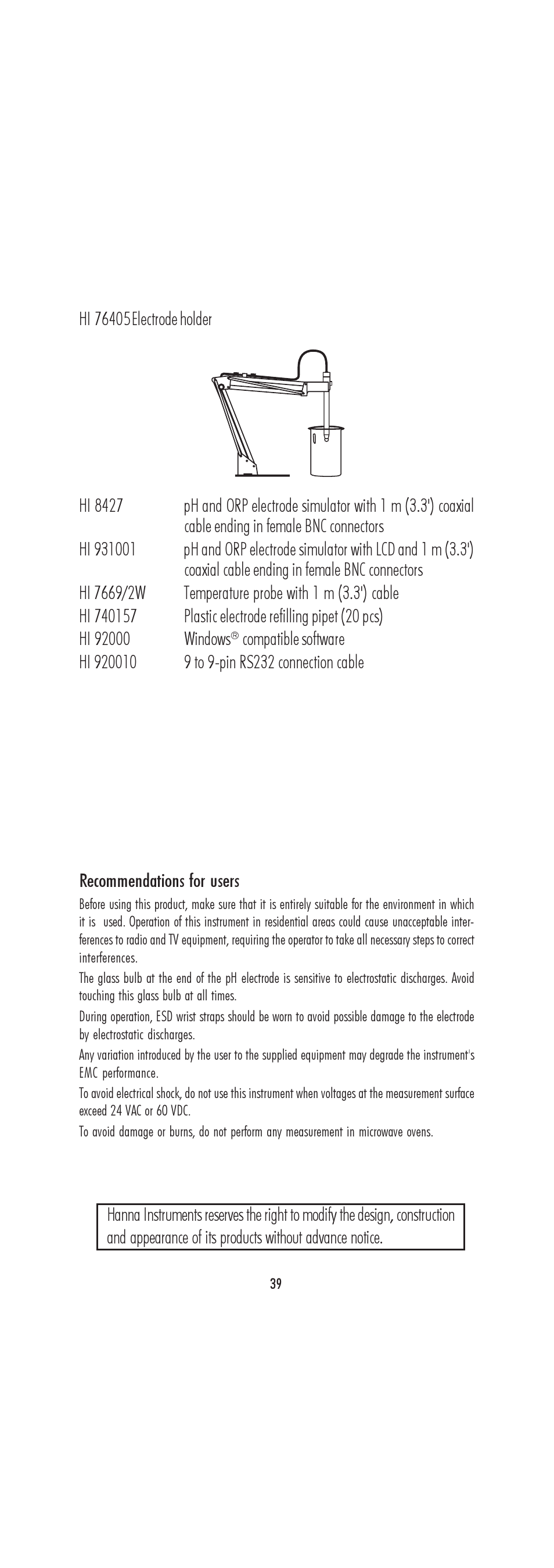 Hanna Instruments HI 222 User Manual | Page 39 / 40