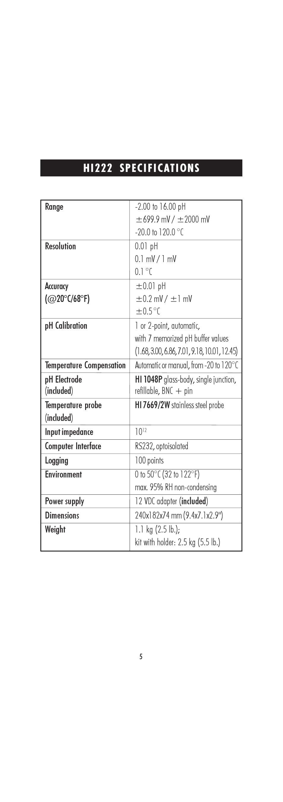 Hi222 specifications | Hanna Instruments HI 222 User Manual | Page 5 / 40