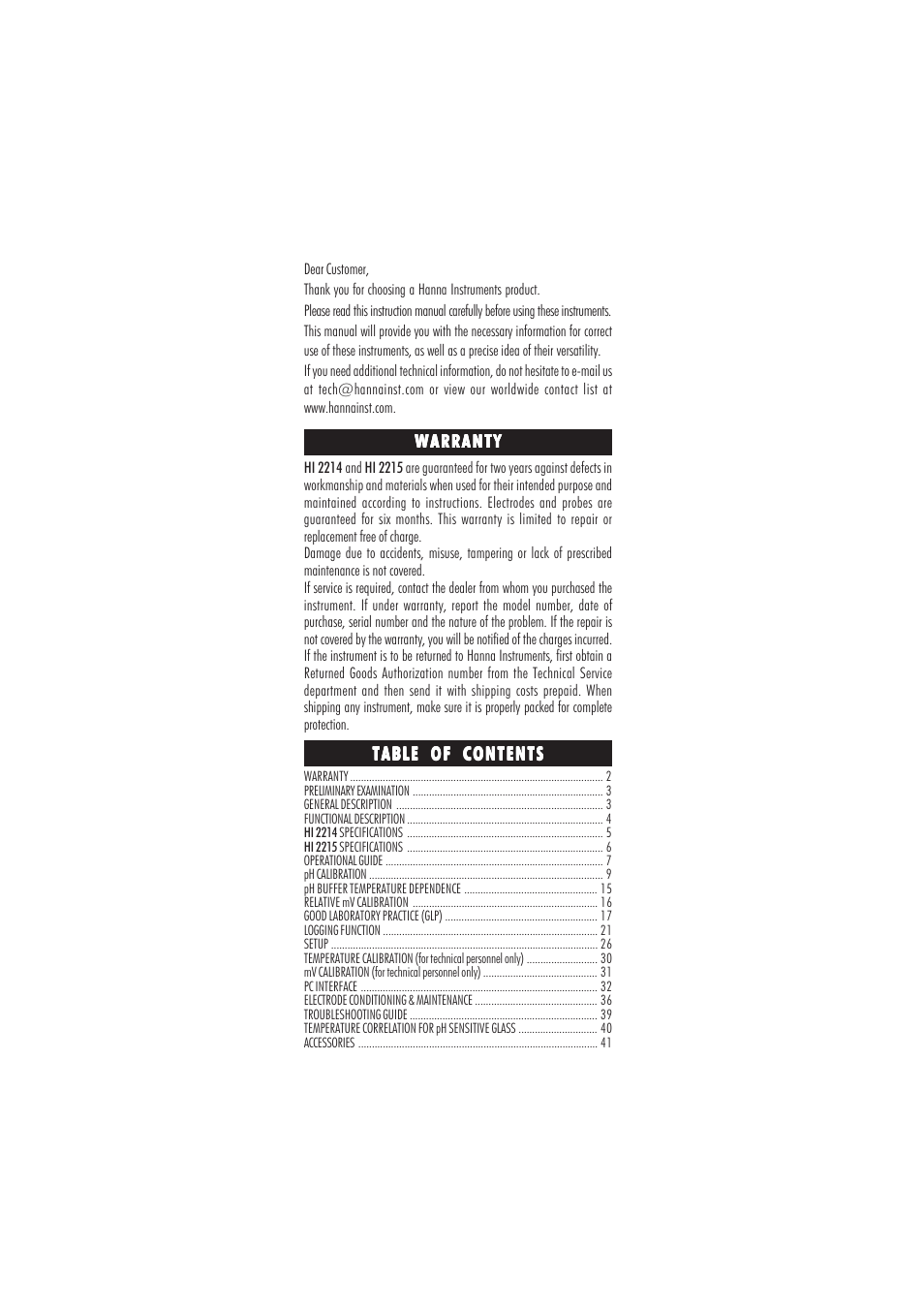 Hanna Instruments HI 2214 User Manual | Page 2 / 48