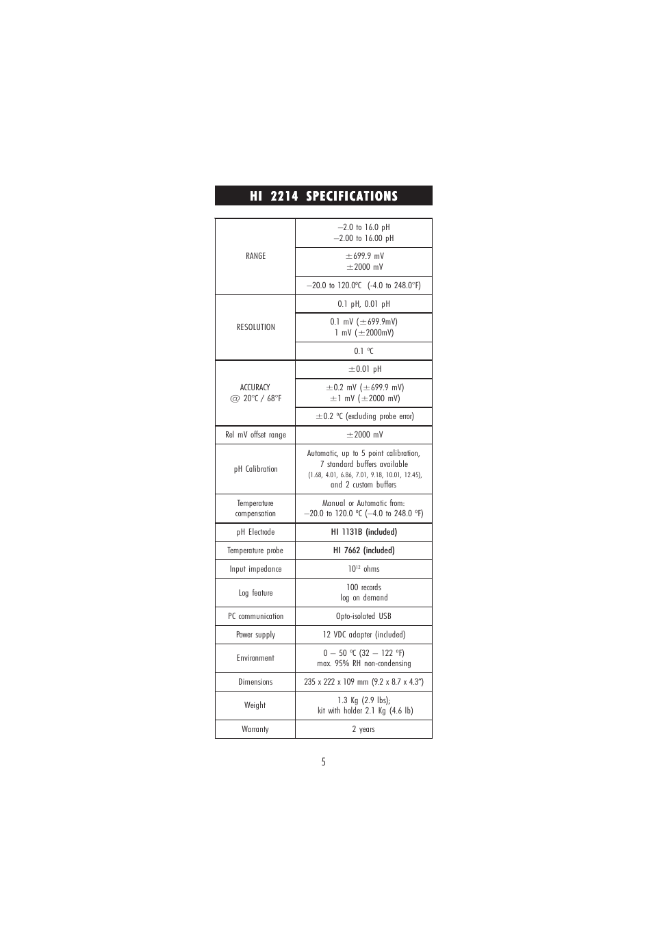 Hi 2214 specifications | Hanna Instruments HI 2214 User Manual | Page 5 / 48
