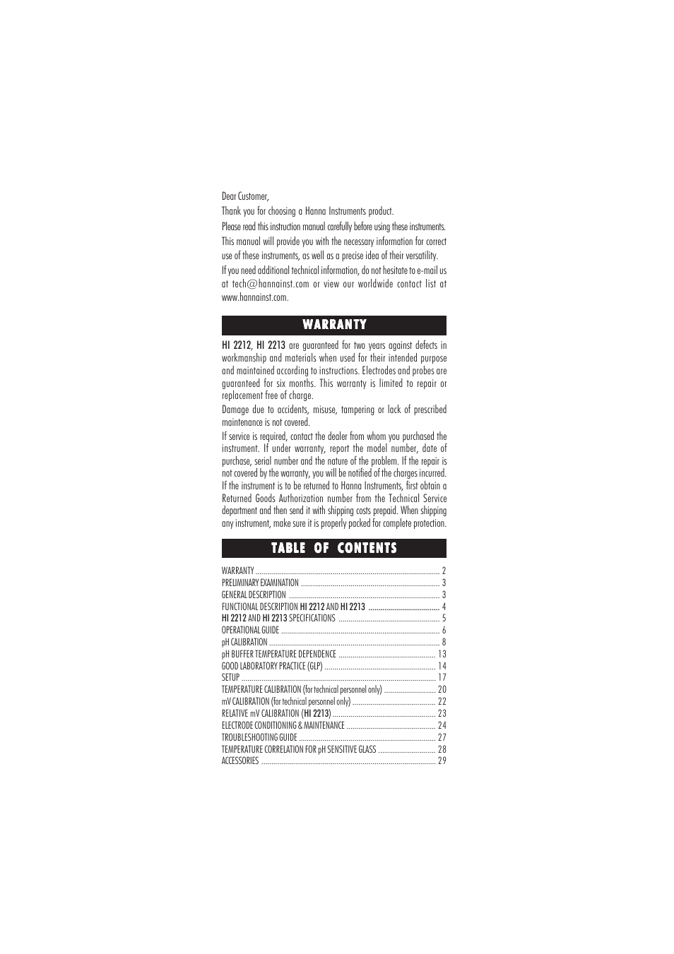 Hanna Instruments HI 2212 User Manual | Page 2 / 36