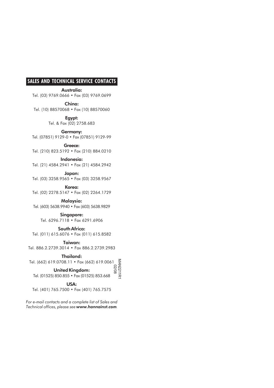 Sales and technical service contacts | Hanna Instruments HI 2210 User Manual | Page 15 / 15