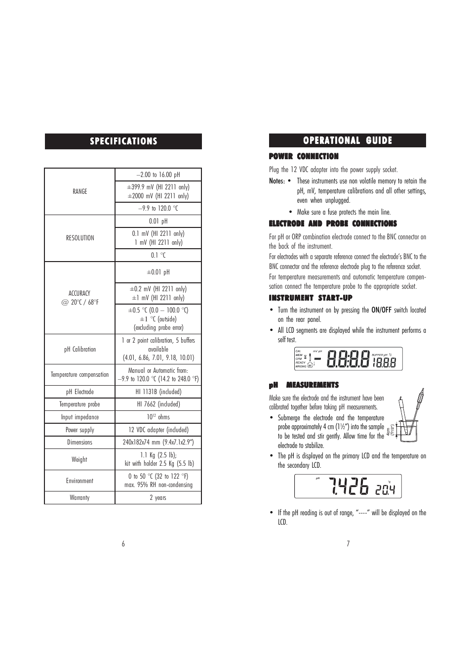 Operational guide, Specifications | Hanna Instruments HI 2210 User Manual | Page 4 / 15
