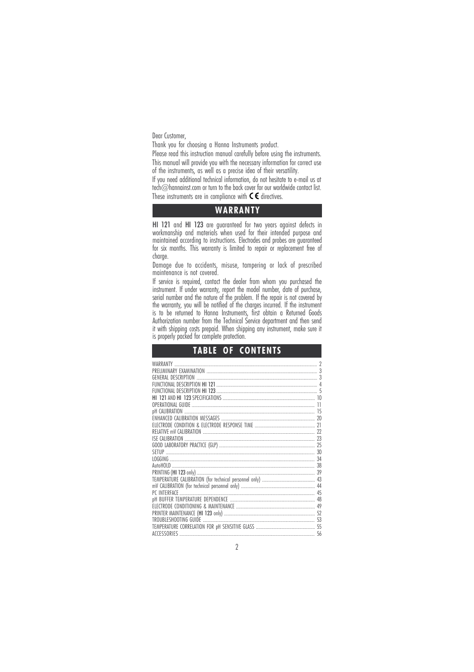 Hanna Instruments HI 121 User Manual | Page 2 / 60