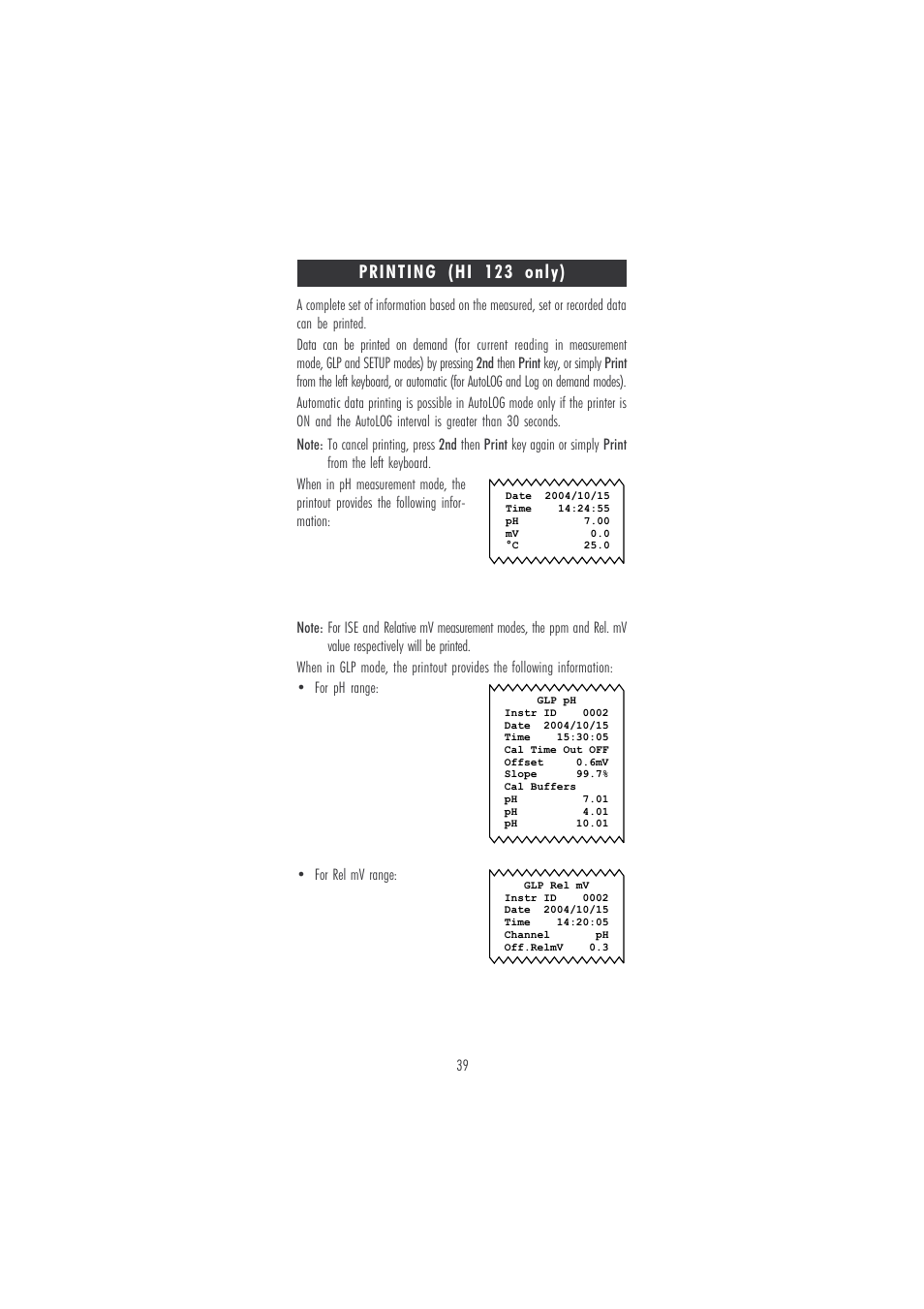 Printing (hi 123 only) | Hanna Instruments HI 121 User Manual | Page 39 / 60