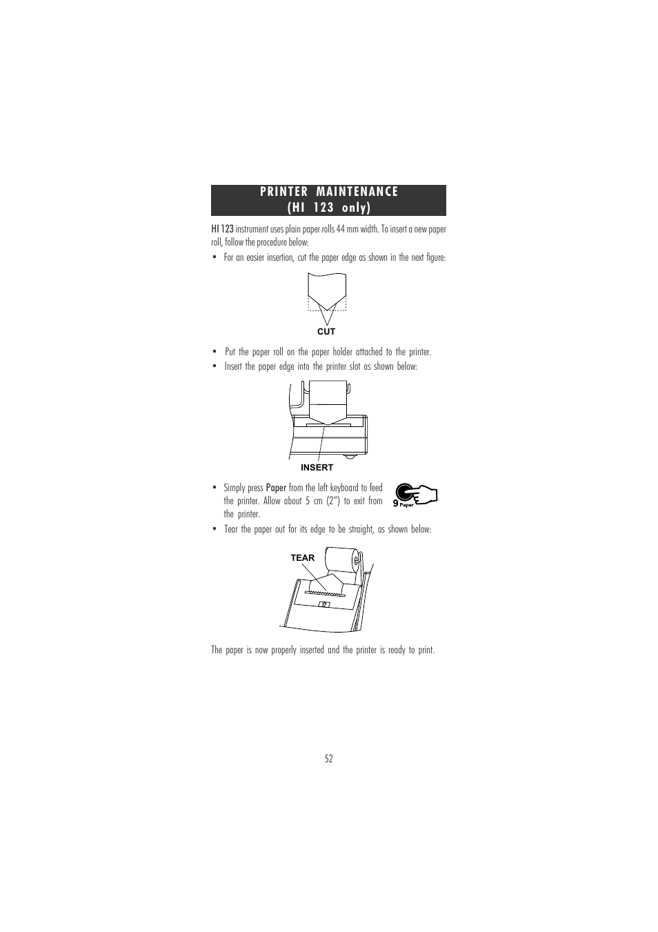 Printer maintenance (hi 123 only) | Hanna Instruments HI 121 User Manual | Page 52 / 60