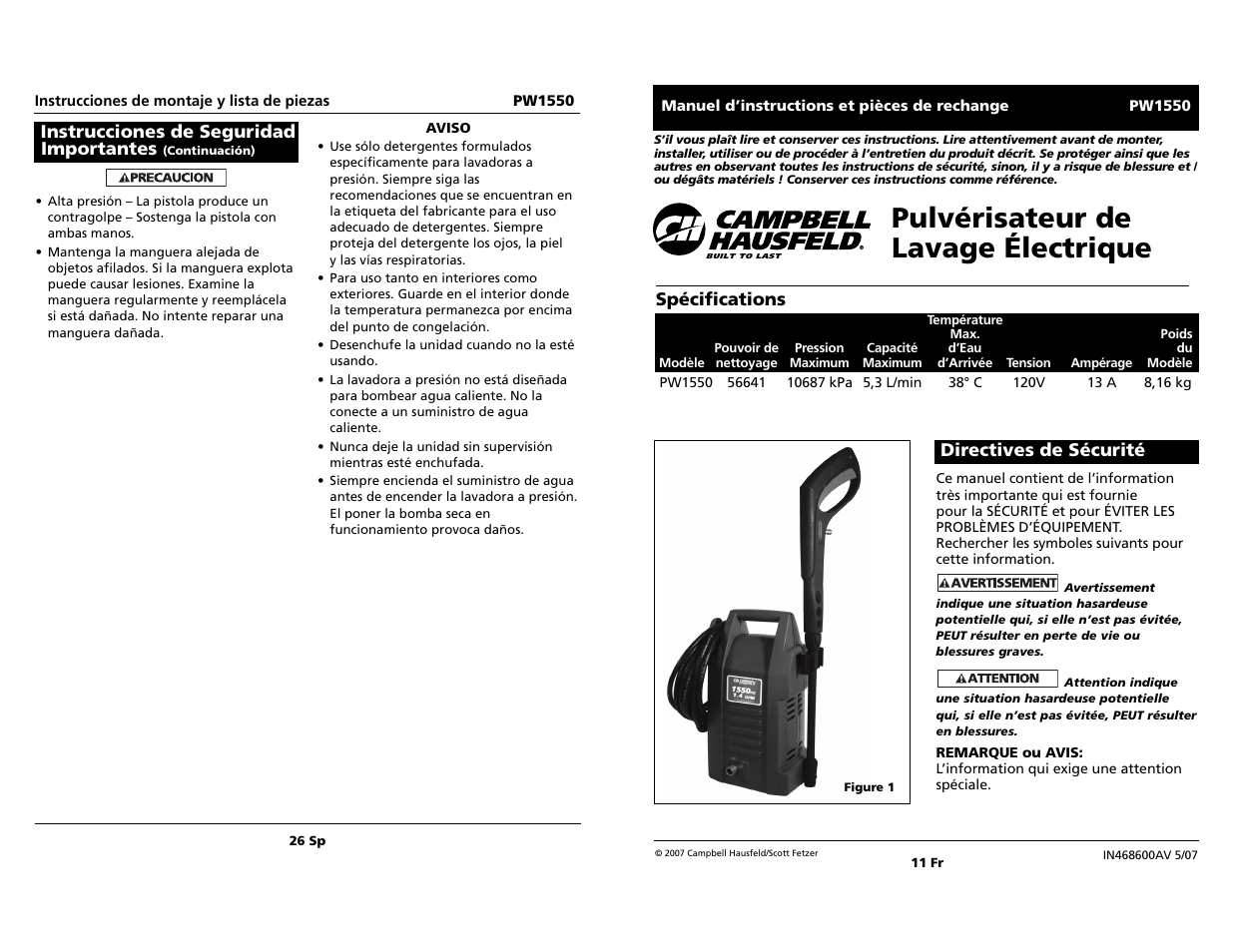 Pulvérisateur de lavage électrique, Instrucciones de seguridad importantes, Spécifications | Directives de sécurité | Campbell Hausfeld PW1550 User Manual | Page 11 / 18