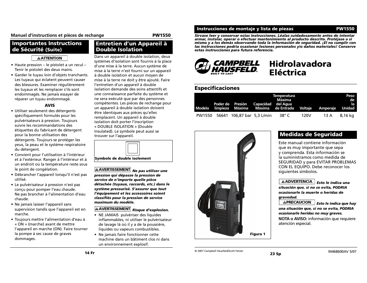 Hidrolavadora eléctrica, Especificaciones, Medidas de seguridad | Importantes instructions de sécurité, Entretien d’un appareil à double isolation | Campbell Hausfeld PW1550 User Manual | Page 14 / 18