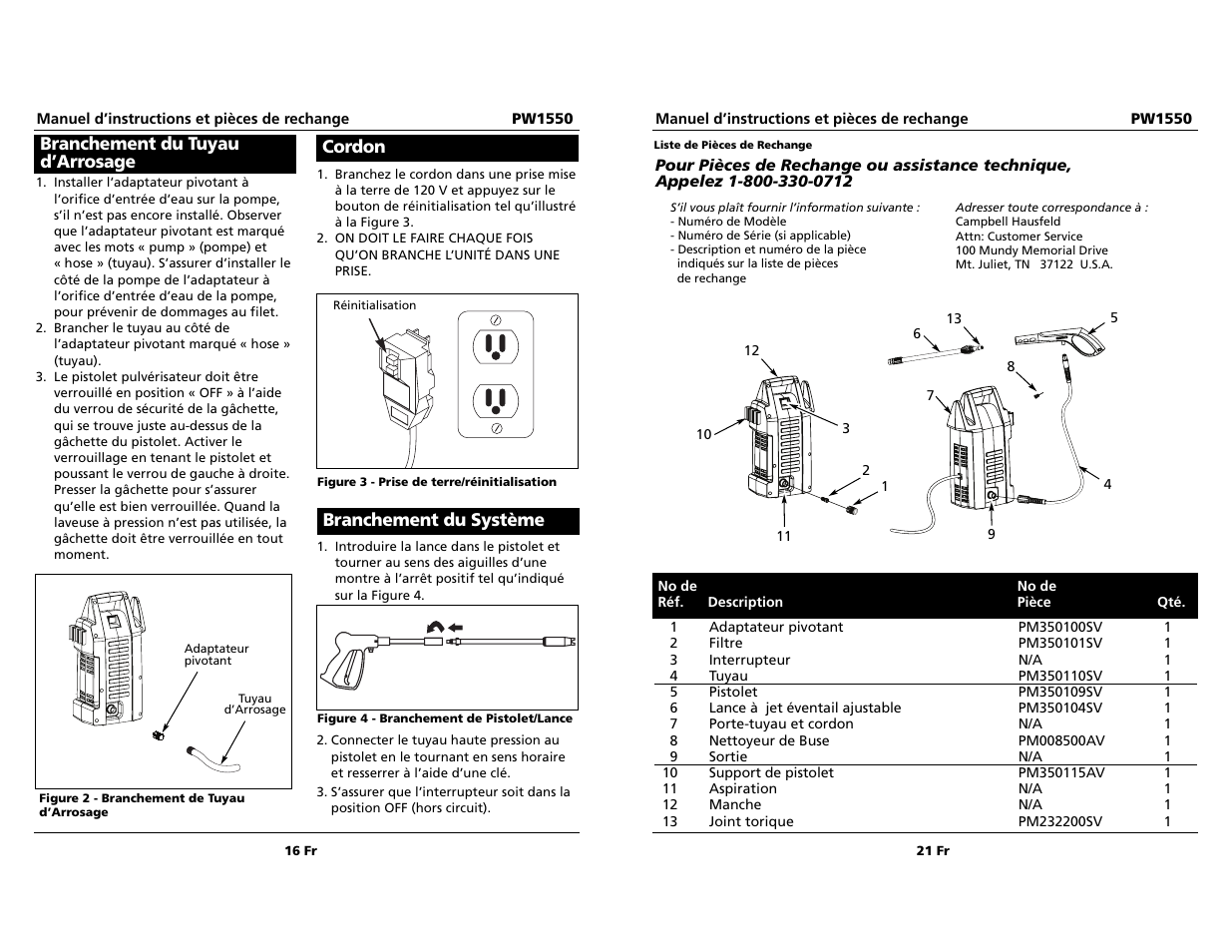 Branchement du tuyau d’arrosage, Cordon, Branchement du système | Campbell Hausfeld PW1550 User Manual | Page 16 / 18