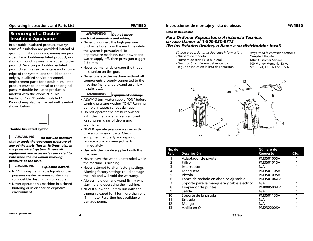 Servicing of a double- insulated appliance | Campbell Hausfeld PW1550 User Manual | Page 4 / 18