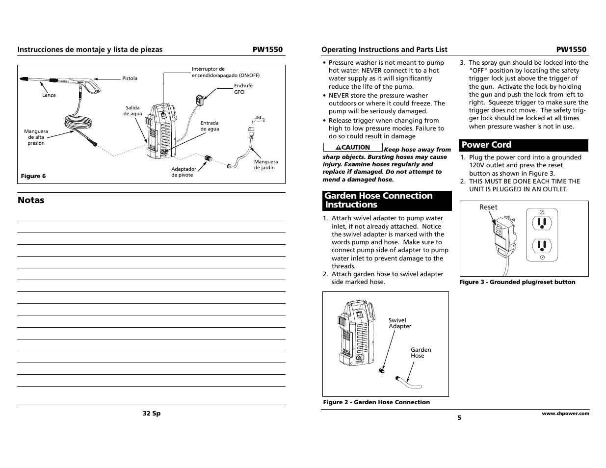Notas, Garden hose connection instructions, Power cord | Campbell Hausfeld PW1550 User Manual | Page 5 / 18