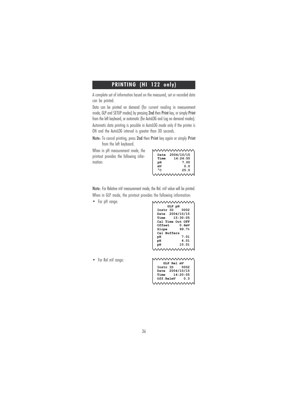 Printing (hi 122 only) | Hanna Instruments HI 120 User Manual | Page 36 / 56