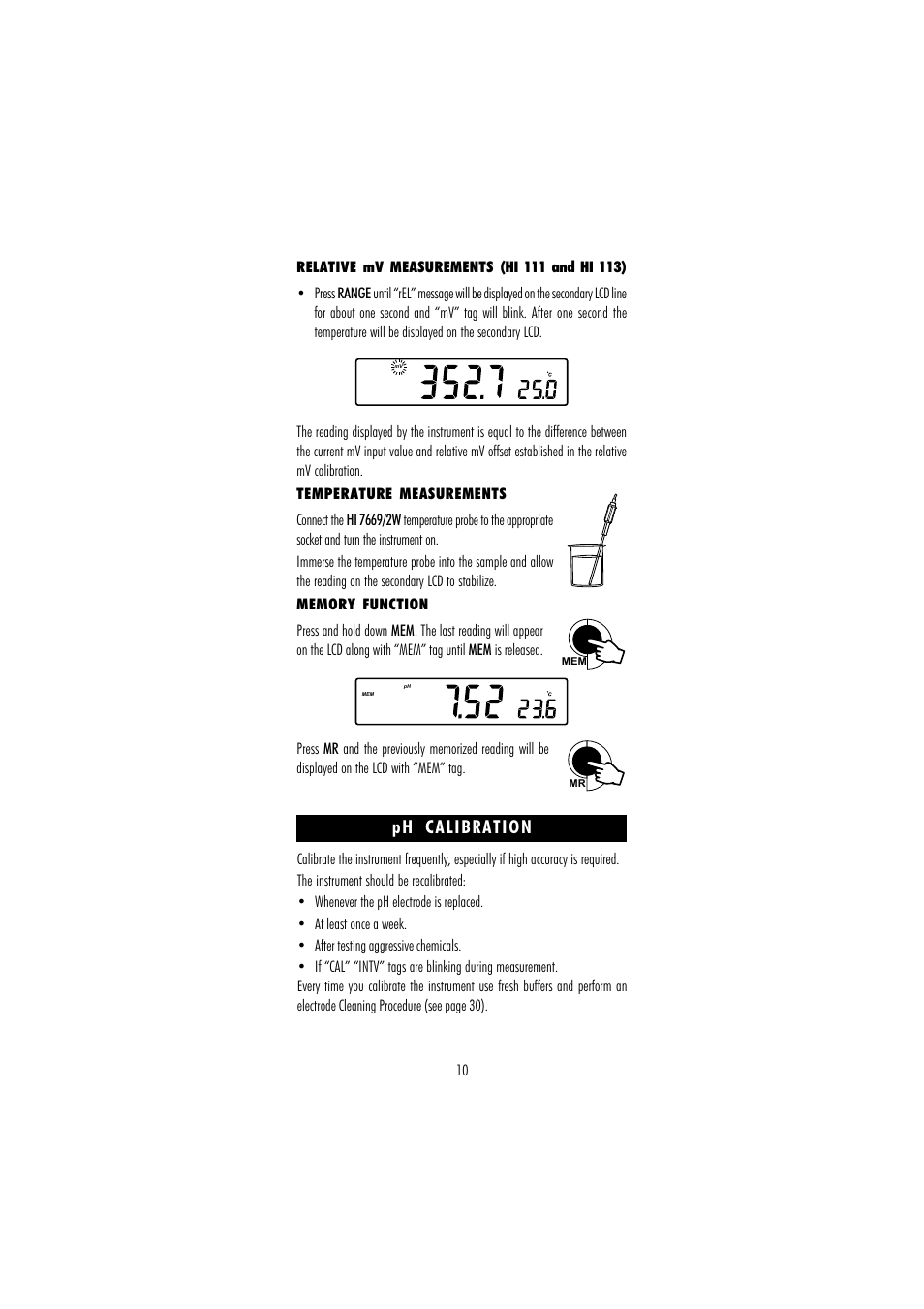 Ph calibration | Hanna Instruments HI 110 User Manual | Page 10 / 40