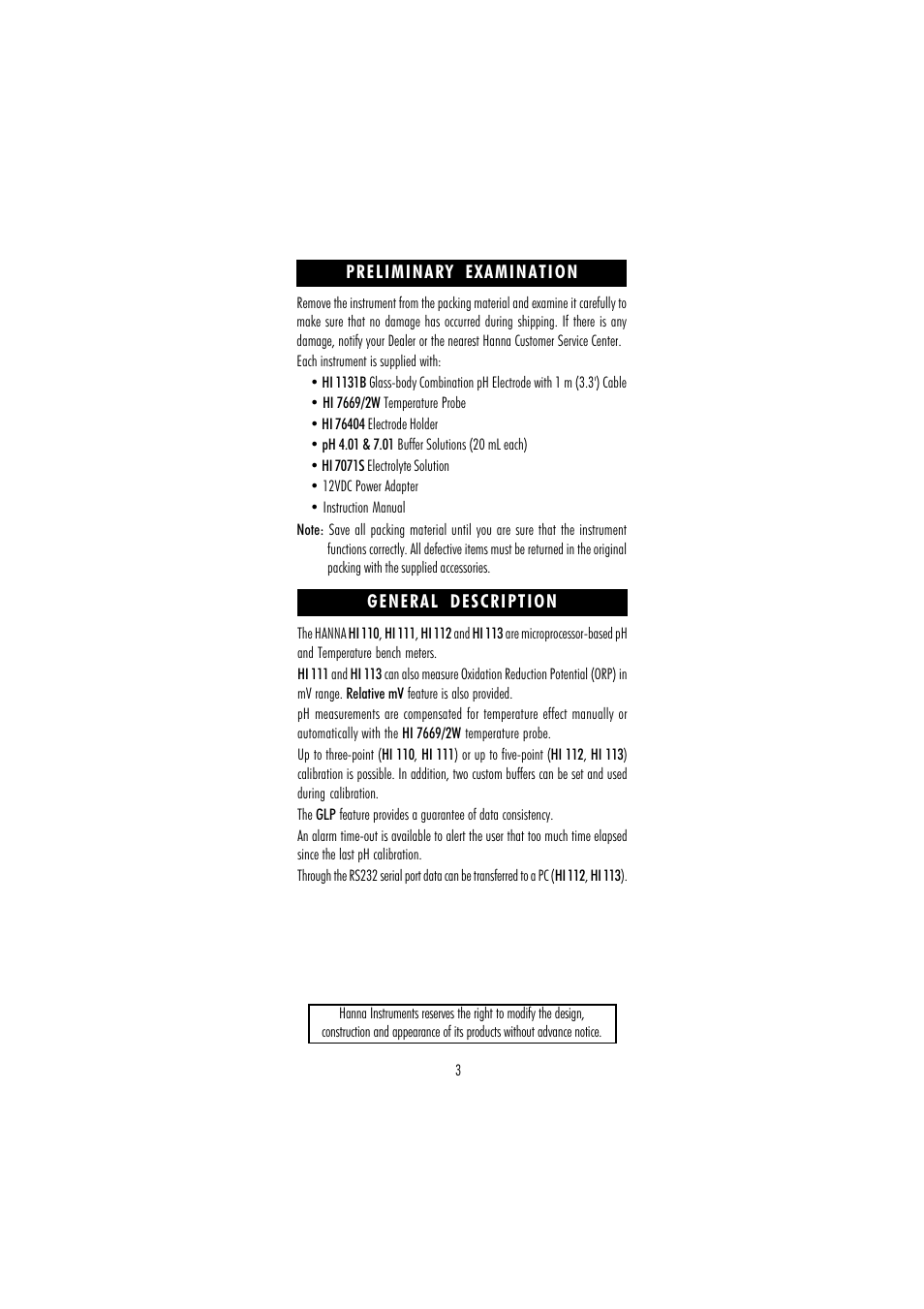 Hanna Instruments HI 110 User Manual | Page 3 / 40